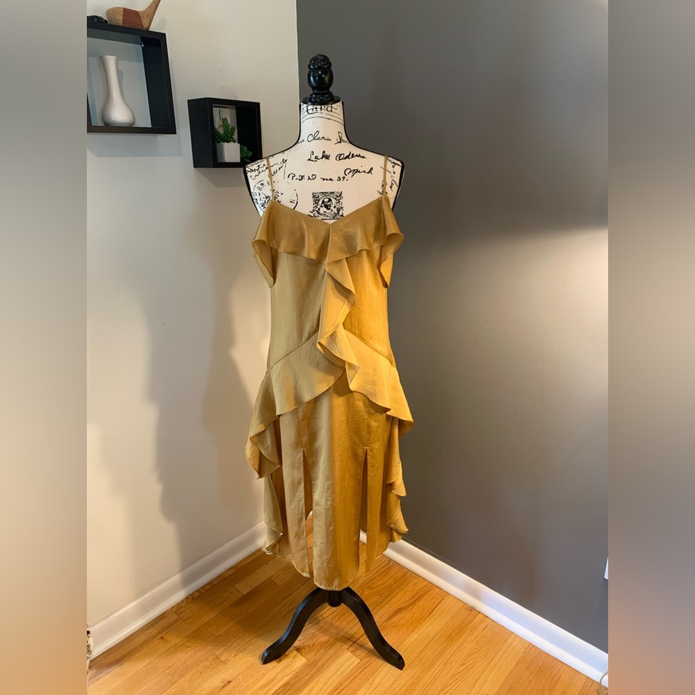 Ark & Co. Mustard Satin Midi Dress with Ruffled Detailing